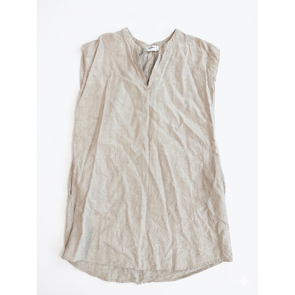 Allen Allen Dress Women Beige/Tan SzXL Linen Sleveless Mini Notch Collar Relaxed
